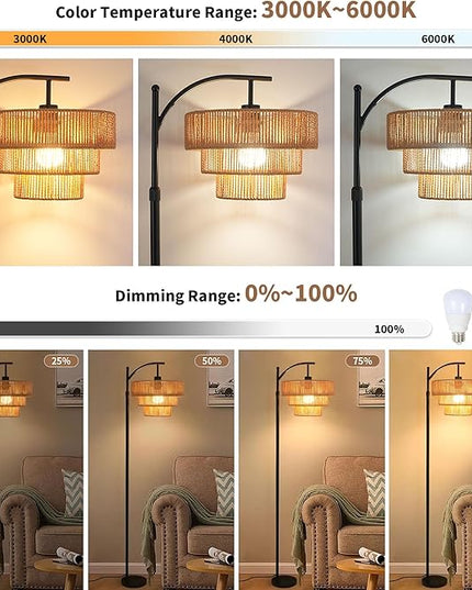 Boho Floor Lamp for Living Room with Remote,Arc Floor Lamps Rattan Standing Lamp Dimmable Farmhouse Tall Lamp with 3-Tier Wicker Lamp Shade Adjustable Black Floor Light for Bedroom Bohemian - LeafyLoom