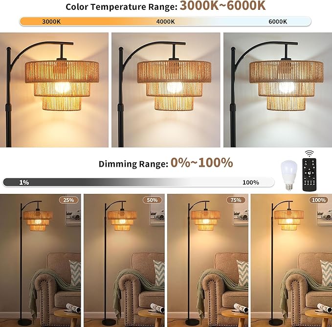 Boho Floor Lamp for Living Room with Remote,Arc Floor Lamps Rattan Standing Lamp Dimmable Farmhouse Tall Lamp with 3-Tier Wicker Lamp Shade Adjustable Black Floor Light for Bedroom Bohemian - LeafyLoom