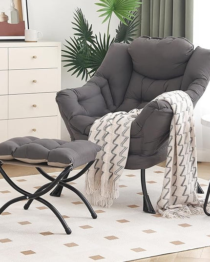 Lazy Chair with Ottoman, Modern Chair with Folding Footrest, Lounge Accent Chair, Comfortable Reading Chair, Oversized Armchairs for Bedroom, Study, Living Room, Courtyard (Dark Grey) - LeafyLoom