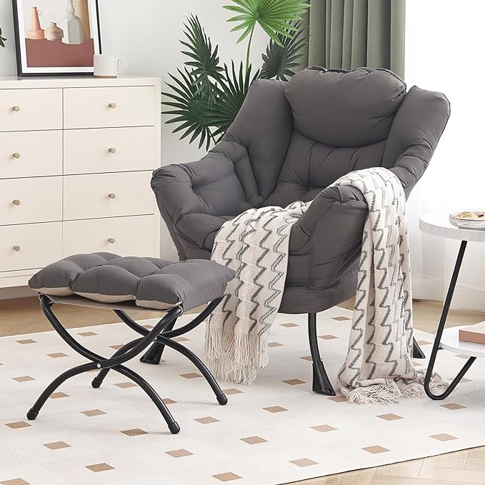 Lazy Chair with Ottoman, Modern Chair with Folding Footrest, Lounge Accent Chair, Comfortable Reading Chair, Oversized Armchairs for Bedroom, Study, Living Room, Courtyard (Dark Grey) - LeafyLoom