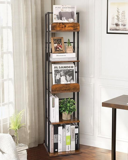 Bikoney Bookshelves 5-Tier, Rotating Bookshelf Tower for Corner, Small Bookcase, Tall Industrial Bookshelf, Narrow Bookshelf, Wood and Metal Black - LeafyLoom