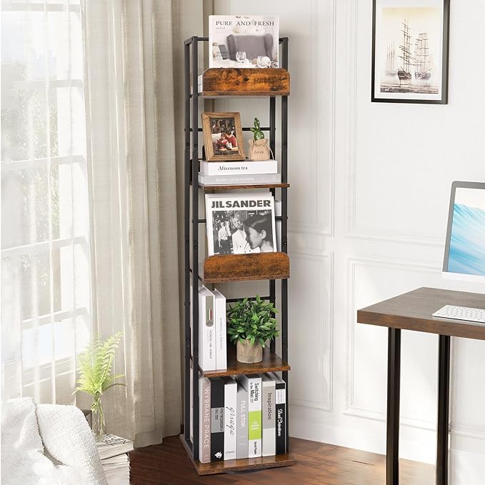 Bikoney Bookshelves 5-Tier, Rotating Bookshelf Tower for Corner, Small Bookcase, Tall Industrial Bookshelf, Narrow Bookshelf, Wood and Metal Black - LeafyLoom