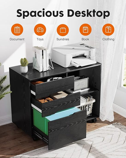Sweetcrispy 3 Drawer File Cabinet Organizer Lateral Printer Stand Rolling Desk with Adjustable Storage Shelves for Office Home Small Space, Black Wood - LeafyLoom