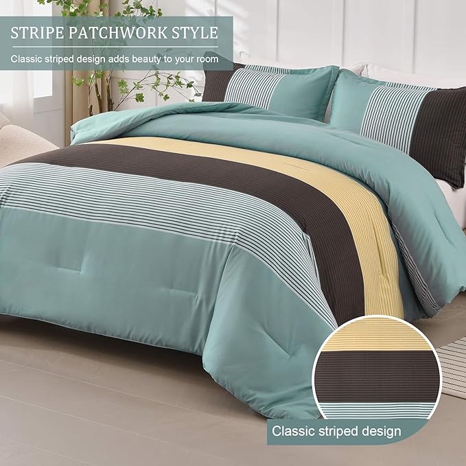 WONGS BEDDING Comforter Set King, Reversible Dusty Blue Striped Patchwork Down Alternative Comforter for King Bed, 3 Pieces (1 Comforter+2 Pillowcases), Soft Microfiber Bedding Set 104"×90" - LeafyLoom
