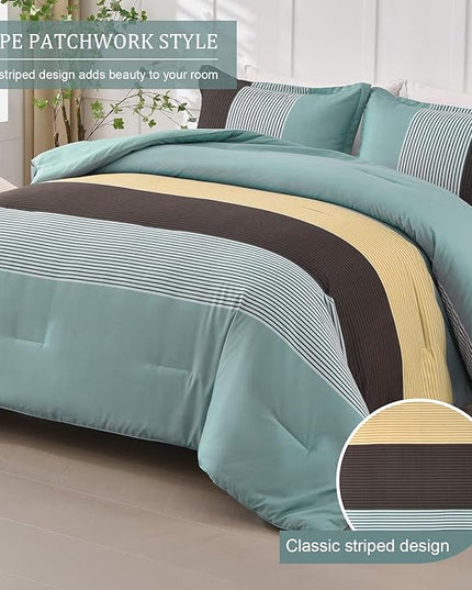 WONGS BEDDING Comforter Set Queen, Reversible Dusty Blue Striped Patchwork Down Alternative Comforter for Queen Bed, 3 Pieces (1 Comforter+2 Pillowcases), Soft Microfiber Bedding Set 90"×90" - LeafyLoom