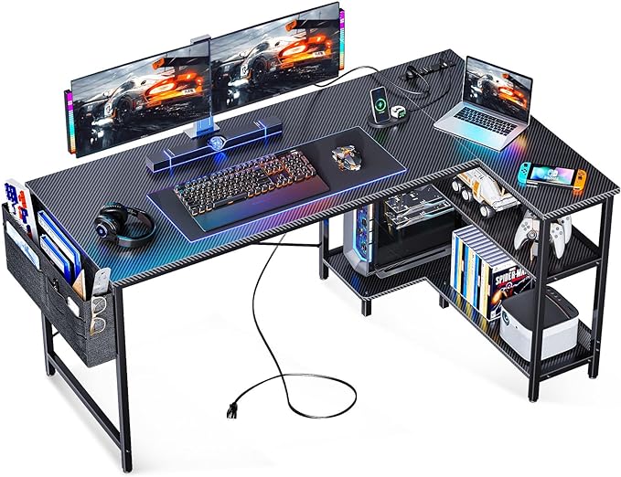 ODK 55 Inch L Shaped Gaming Computer Desk with Power Outlets,Corner Desk with Reversible Storage Shelves & PC Stand for Small Space, Modern Simple Home Office Table, Carbon Fiber Surface, Black - LeafyLoom