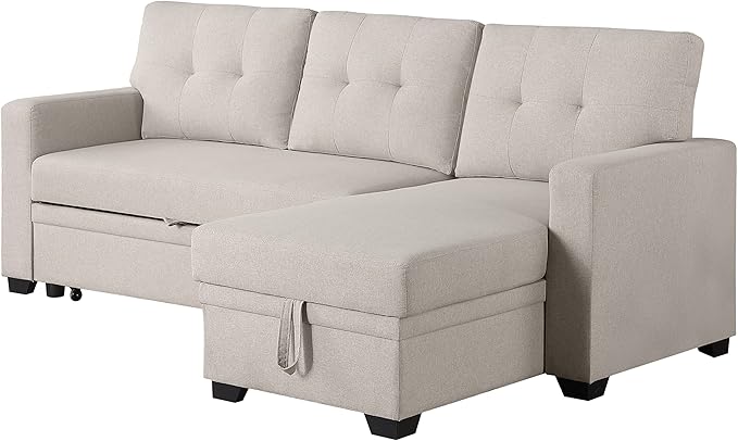 L Shaped Pull Out Sectional Sofa with Storage Chaise, 82 Inch Linen Upholstered Reversible Couch Sleeper Bed, for Living Room, Apartment and Office, Beige, 82 - LeafyLoom