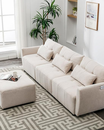 113.3" L-Shaped Sectional 3-Seat Sofa, Convertiblet Chenille Upholstered Couch with Movable Ottoman and two USB Ports for Apartment, Living Room, Bedroom, 113.3 Inch, Beige - LeafyLoom