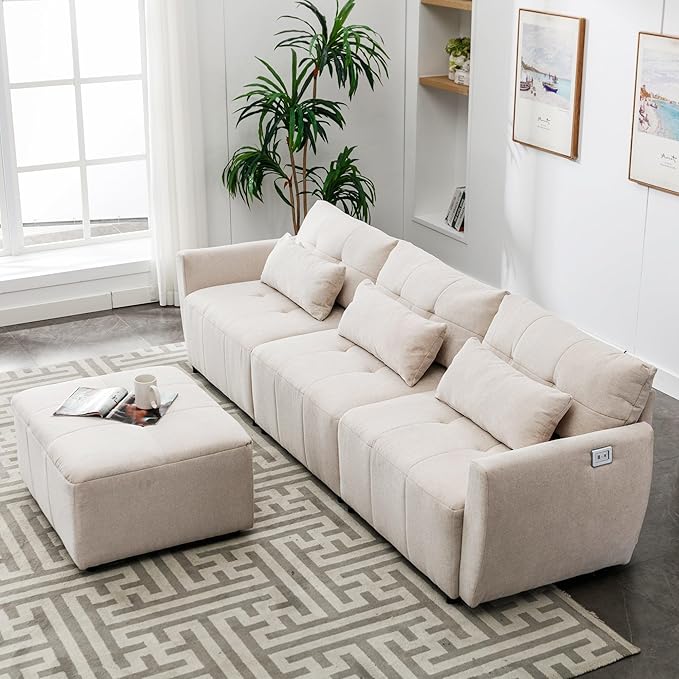 113.3" L-Shaped Sectional 3-Seat Sofa, Convertiblet Chenille Upholstered Couch with Movable Ottoman and two USB Ports for Apartment, Living Room, Bedroom, 113.3 Inch, Beige - LeafyLoom