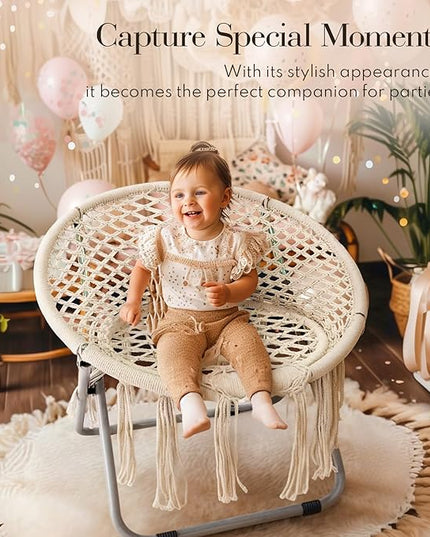 PASAMIC Boho Chair with Folding Metal Frame, 100% Cotton Handmade Round Cozy Chairs, Exquisite Comfy Chair for Bedroom, Living Room Décor Beige - LeafyLoom