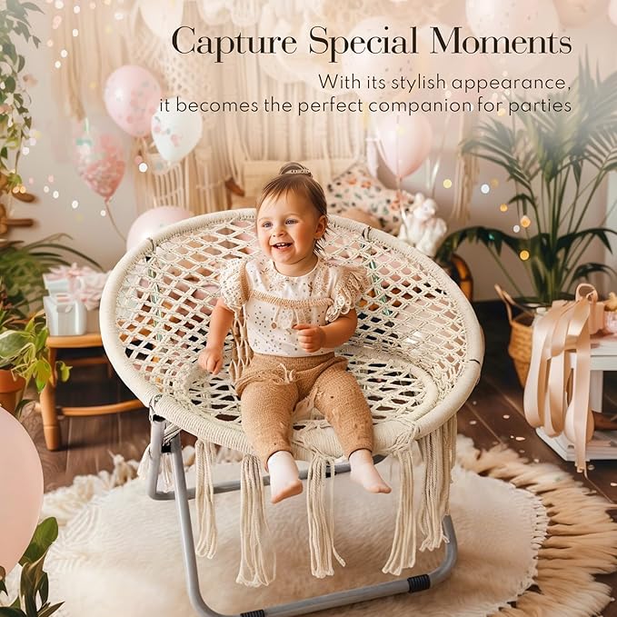 PASAMIC Boho Chair with Folding Metal Frame, 100% Cotton Handmade Round Cozy Chairs, Exquisite Comfy Chair for Bedroom, Living Room Décor Beige - LeafyLoom