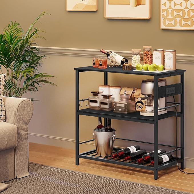 HOOBRO Kitchen Island with Storage, Kitchen Island Table with Power Outlet, 3 Tier Coffee Station and Microwave Stand, for Home, Kitchen and Dining Room, Black BB021ZD01 - LeafyLoom