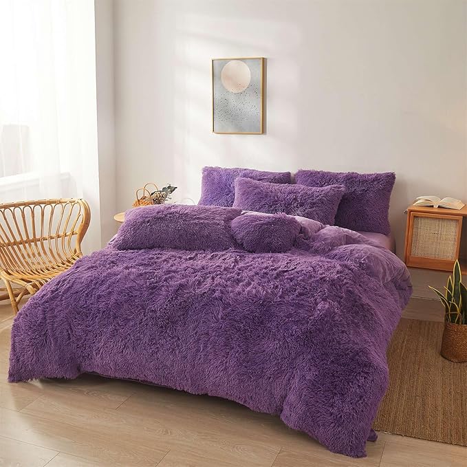 Fluffy dark purple comforters Cover twin size - Ultra Soft Plush red bedding Sets 2 Pieces (1 faux fur comforter Cover + 1 fuzzy pillow case) girls shaggy purple twin bed set (Dark purple, Twin) - LeafyLoom