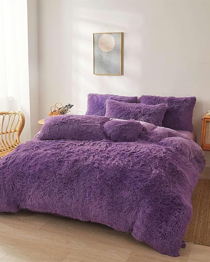 FOPPA Dark Purple fluffy Comforter Cover Set king- Ultra Soft fluffy Purple Bedding Sets 3 Pieces (1 Duvet Cover + 2 Pillow case) pink fluffy bed set (Dark Purple, King) - LeafyLoom