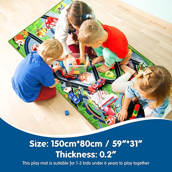 Booooom Jackson Kids Car Rug Playmat 31"X59" Car Mat for Kids Toy Cars Kids Rug with Roads for Playroom CarCarpet for Kids Race Car Play Rug for Toy Cars Play Carpet - LeafyLoom