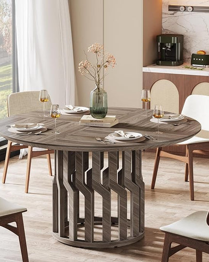 Round Dining Table for 4-6 People, 47-Inch Gray Dining Room Table, All-Wood Design Circle Kitchen Table with Strong Pedestal Base, Modern Dinner Table for Dining Room - LeafyLoom