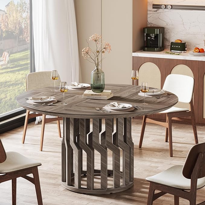 Round Dining Table for 4-6 People, 47-Inch Gray Dining Room Table, All-Wood Design Circle Kitchen Table with Strong Pedestal Base, Modern Dinner Table for Dining Room - LeafyLoom