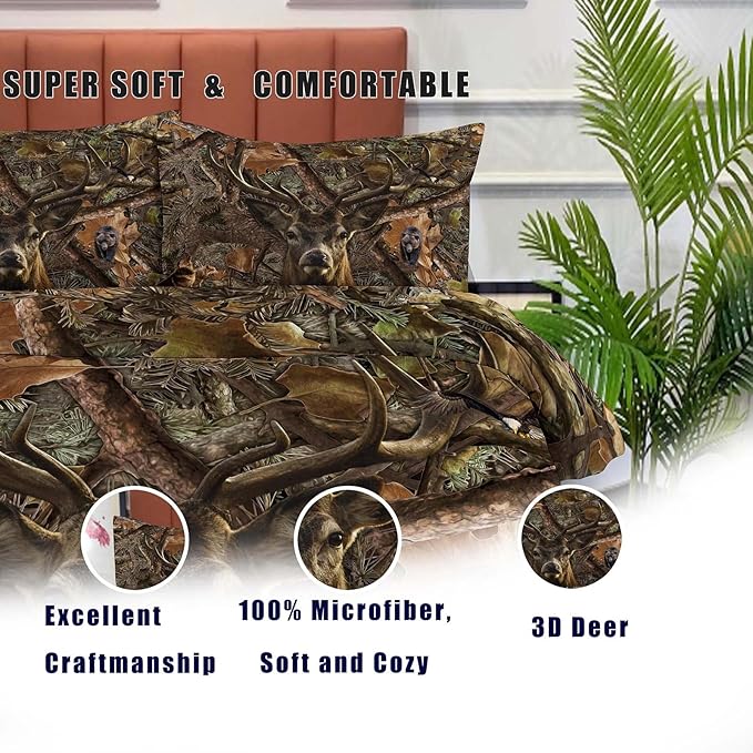NINENINE Deer Bedding Sets Camo Comforter Set,Boys Queen Bedding,Western Comforter Sets for Boys,Queen Size Bedding Set for Boys,Hunting Bed Sets with 1 Comforter 2 Pillowcases - LeafyLoom