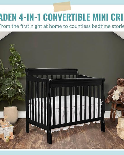 Aden 4-in-1 Convertible Mini Crib In Black, Greenguard Gold Certified, Non-Toxic Finish, New Zealand Pinewood, With 3 Mattress Height Settings - LeafyLoom
