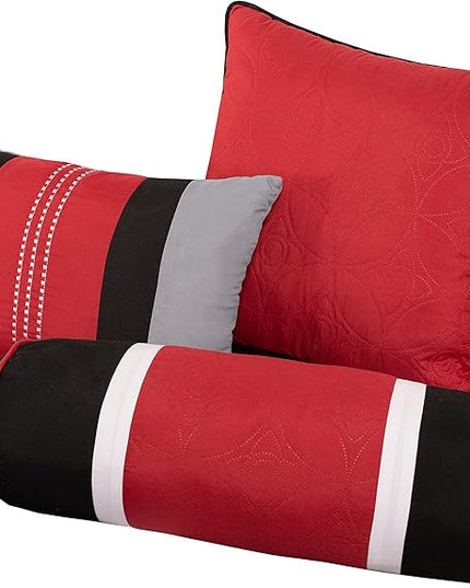 Chezmoi Collection 7-Piece Quilted Patchwork Comforter Set, Red/Gray/Black, Queen - LeafyLoom