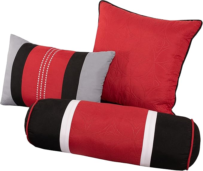 Chezmoi Collection 7-Piece Quilted Patchwork Comforter Set, Red/Gray/Black, Queen - LeafyLoom
