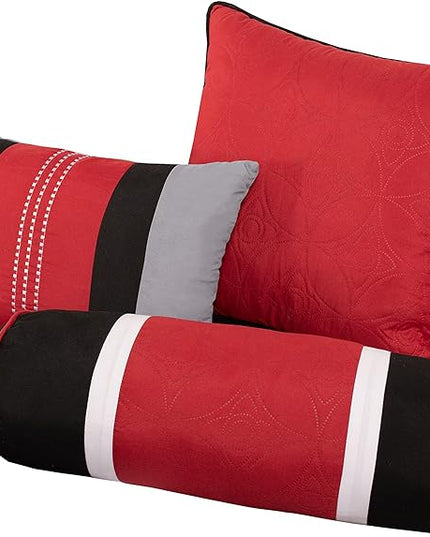 Chezmoi Collection 7-Piece Quilted Patchwork Comforter Set, Red/Gray/Black, King - LeafyLoom