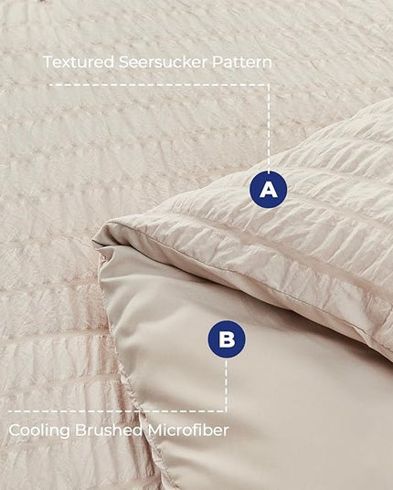 HYMOKEGE Seersucker Queen Comforter Set 3 Pieces, Lightweight Comforter Sets for Bedding, Bed Set with 1 All Season Soft Down Alternative Comforter and 2 Pillow Shams, Beige - LeafyLoom