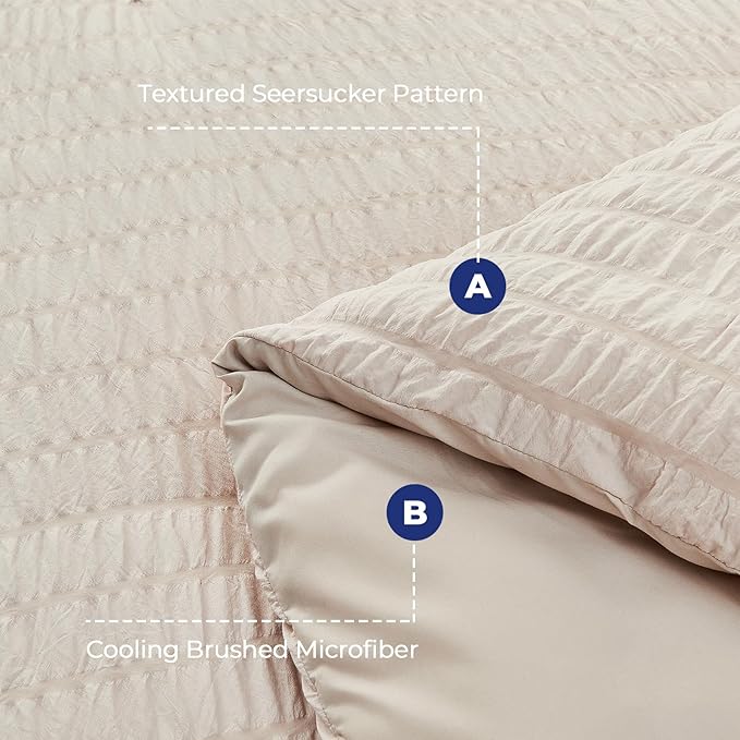 HYMOKEGE Seersucker Queen Comforter Set 3 Pieces, Lightweight Comforter Sets for Bedding, Bed Set with 1 All Season Soft Down Alternative Comforter and 2 Pillow Shams, Beige - LeafyLoom