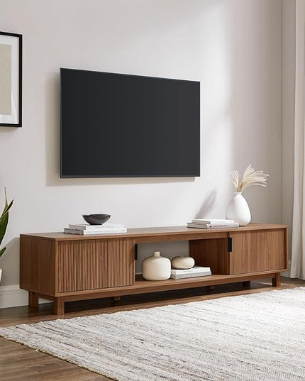 Walker Edison Walton Modern Fluted-Door Low Stand for TVs up to 80 Inches, 70 x 15.75 x 16 inches, Mocha - LeafyLoom