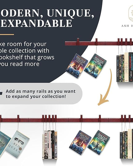 Floating Wall Bookshelf - Wall Mounted Book Organizer with Included Bookmarks - Hardwood Hanging Bookshelf for Bedroom, Living Room, or Kitchen - A Thoughtful Gift for Book Lovers (Dark) - LeafyLoom