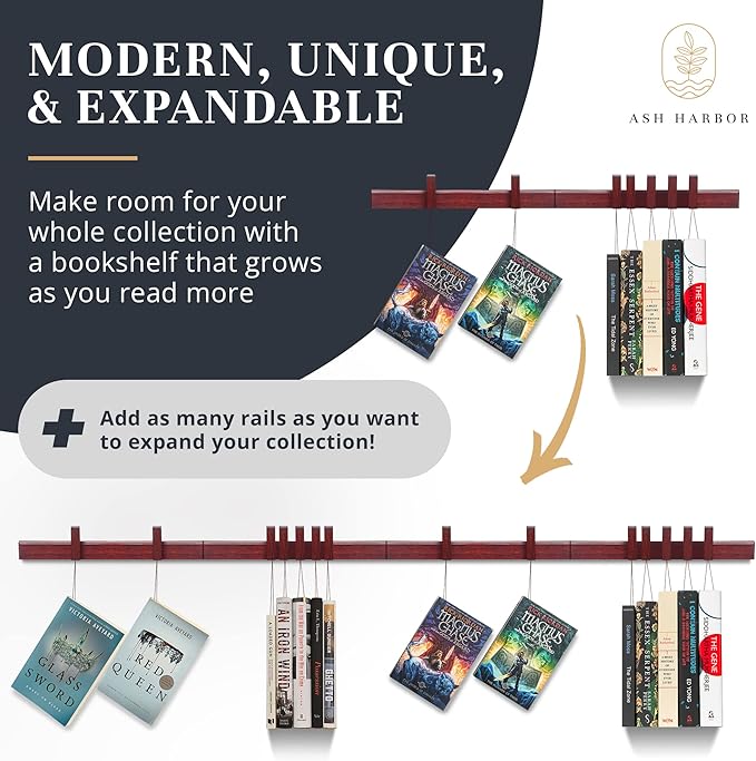 Floating Wall Bookshelf - Wall Mounted Book Organizer with Included Bookmarks - Hardwood Hanging Bookshelf for Bedroom, Living Room, or Kitchen - A Thoughtful Gift for Book Lovers (Dark) - LeafyLoom