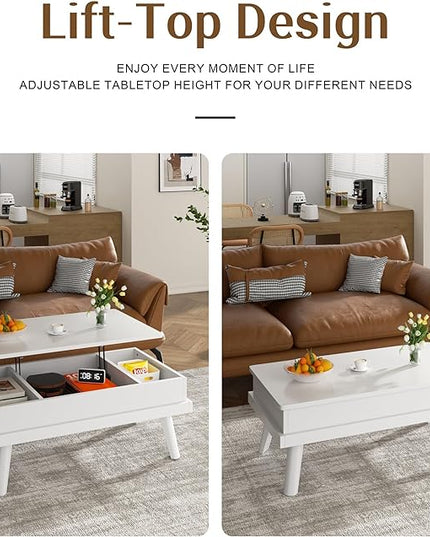 Shintenchi Coffee Table, Lift Top Coffee Table with Hidden Compartment, Rising Tabletop Dining Table, Lift Top Coffee Center Table for for Living Room, Office, Home (White) - LeafyLoom