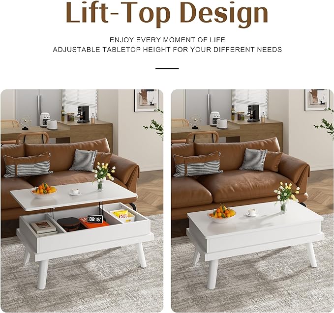 Shintenchi Coffee Table, Lift Top Coffee Table with Hidden Compartment, Rising Tabletop Dining Table, Lift Top Coffee Center Table for for Living Room, Office, Home (White) - LeafyLoom