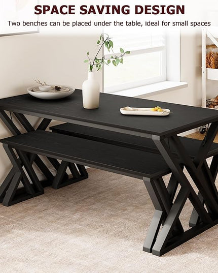 IDEALHOUSE Kitchen Table with Benches, Dining Table Benches Set for 4-6, Rectangular Kitchen Table Set with Sturdy Metal Frame, Saving Space for Kitchen, Dining Room, Apartment, 55", Black - LeafyLoom