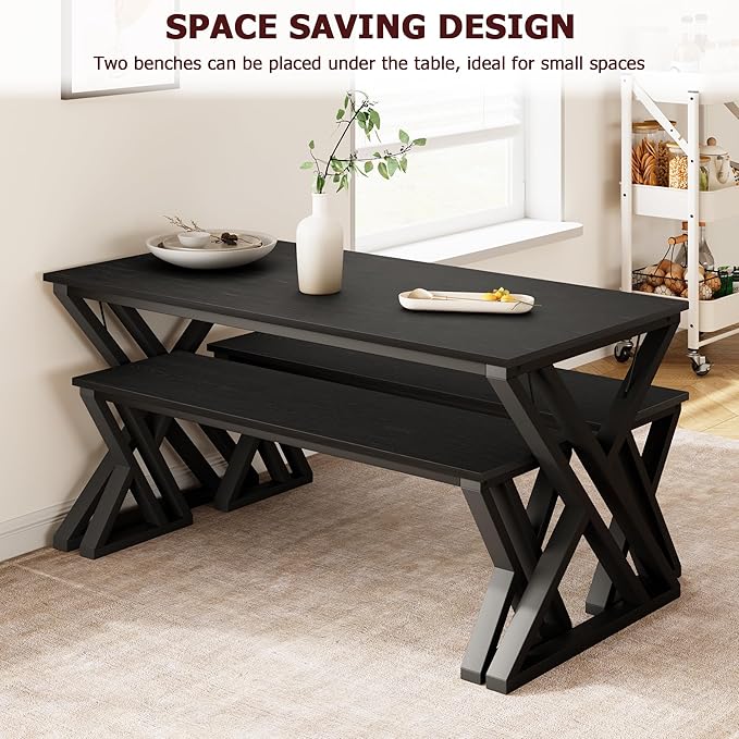 IDEALHOUSE Kitchen Table with Benches, Dining Table Benches Set for 4-6, Rectangular Kitchen Table Set with Sturdy Metal Frame, Saving Space for Kitchen, Dining Room, Apartment, 55", Black - LeafyLoom
