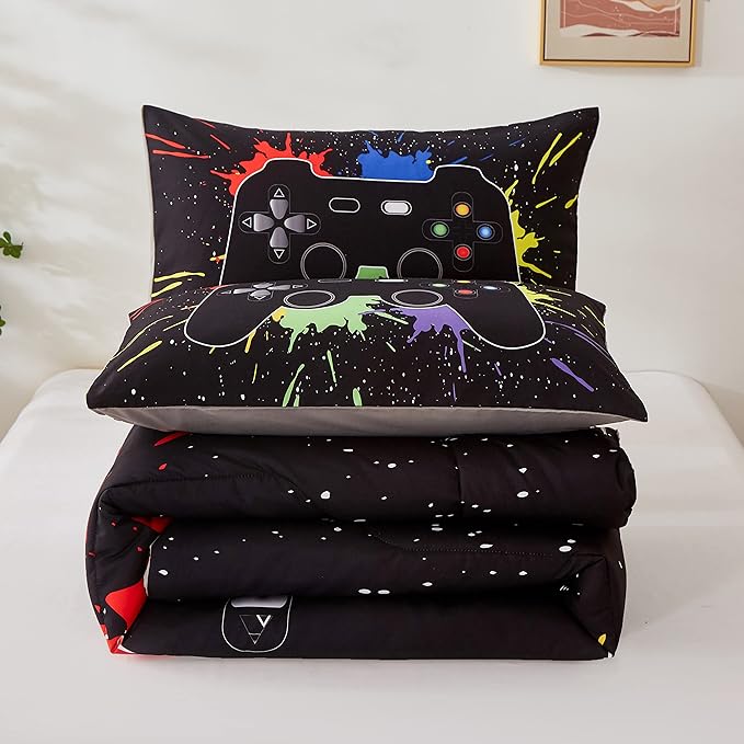 Gamer Comforter Sets Full Size for Boys Teen,Game Controller Colorful Comforter with 2 Pillowcases,Soft Microfiber Video Gaming 3 Piece Bedding Set for Game Lovers,All Season(Black,Full) - LeafyLoom