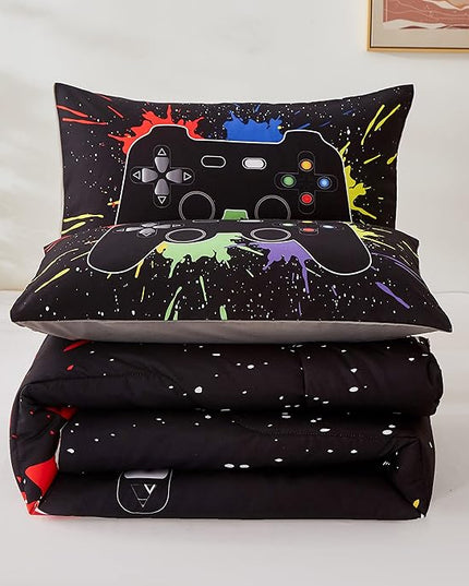 Gamer Comforter Sets Queen Size for Boys Teen,Game Controller Colorful Comforter with 2 Pillowcases, 3 Piece Video Gaming Bedding Set for Game Lovers,All Season(Black,Queen) - LeafyLoom