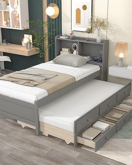 Platform Bed Twin Size with Bookcase Headboard, Trundle and 3 Drawers, Wooden Storage Bedframe for Kids Teens Adults Bedroom - LeafyLoom