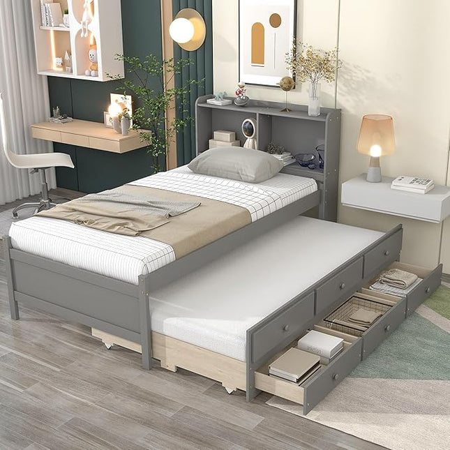 Platform Bed Twin Size with Bookcase Headboard, Trundle and 3 Drawers, Wooden Storage Bedframe for Kids Teens Adults Bedroom - LeafyLoom