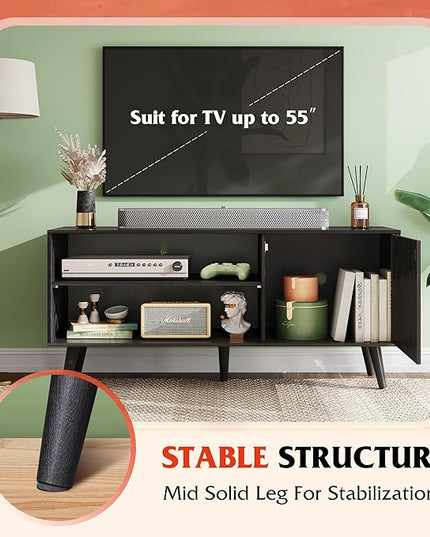 WLIVE Mid-Century Modern TV Stand for 55" TV, Entertainment Center with Storage, Open Shelves TV Console for Living Room and Bedroom, Black - LeafyLoom