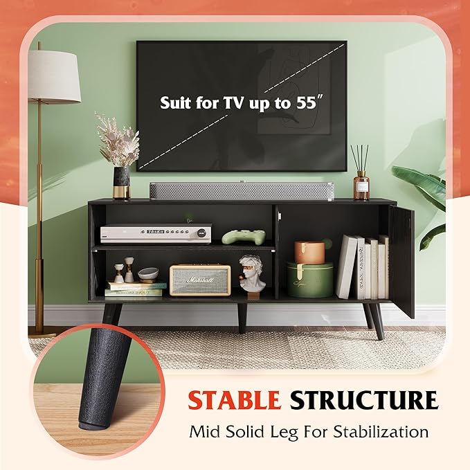 WLIVE Mid-Century Modern TV Stand for 55" TV, Entertainment Center with Storage, Open Shelves TV Console for Living Room and Bedroom, Black - LeafyLoom