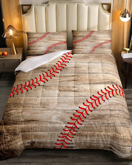 Erosebridal Baseball Bedding Set for Kids Boys Teens Queen,Sports Games Comforter Set Retro Rustic Wooden Board Quilt Duvet Sets American Baseball Country Down Comforter with 2 Pillow Cases - LeafyLoom