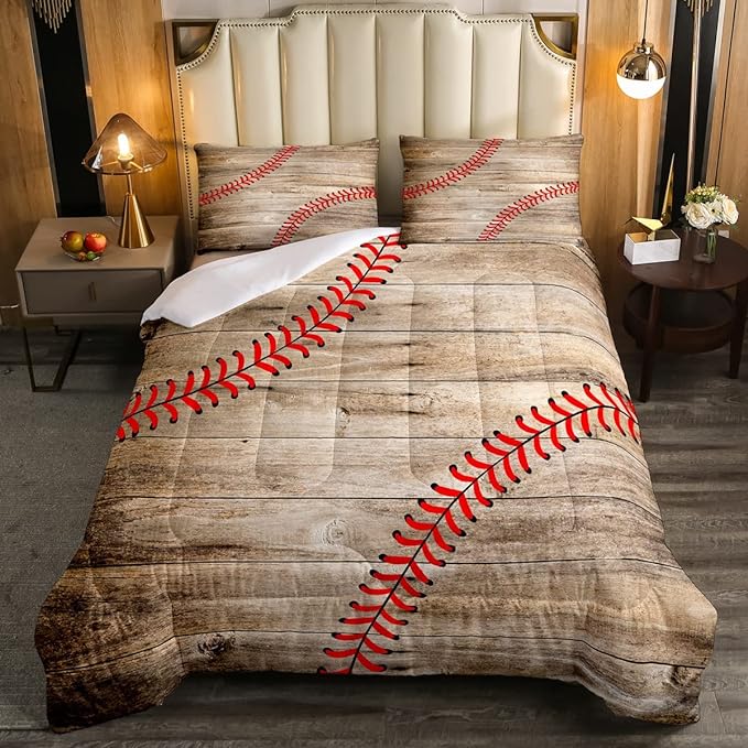 Erosebridal Baseball Bedding Set for Kids Boys Teens Queen,Sports Games Comforter Set Retro Rustic Wooden Board Quilt Duvet Sets American Baseball Country Down Comforter with 2 Pillow Cases - LeafyLoom