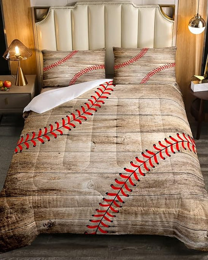Erosebridal Baseball Bedding Set for Kids Boys Teens Full,Sports Games Comforter Set Retro Rustic Wooden Board Quilt Duvet Sets American Baseball Country Down Comforter with 2 Pillow Cases - LeafyLoom