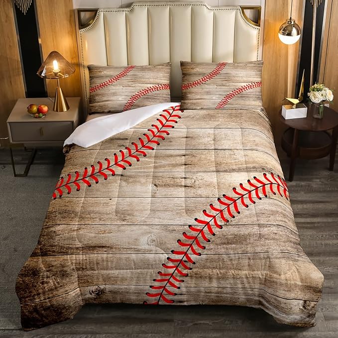 Erosebridal Baseball Bedding Set for Kids Boys Teens Full,Sports Games Comforter Set Retro Rustic Wooden Board Quilt Duvet Sets American Baseball Country Down Comforter with 2 Pillow Cases - LeafyLoom