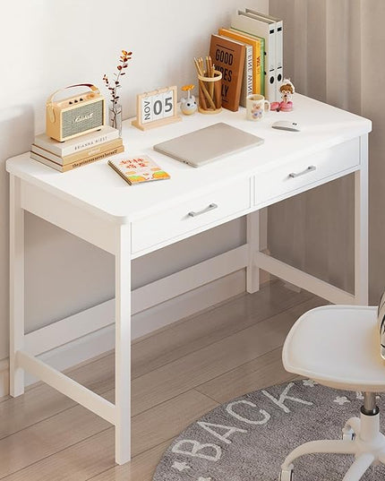 4NM 39.4" Small Desk with Wood Drawers, Home Office Computer Desk with Wooden Legs, Study Writing Table Vanity Desk for Small Spaces - White - LeafyLoom