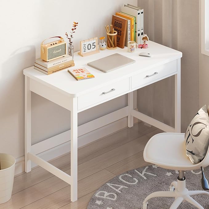 4NM 39.4" Small Desk with Wood Drawers, Home Office Computer Desk with Wooden Legs, Study Writing Table Vanity Desk for Small Spaces - White - LeafyLoom