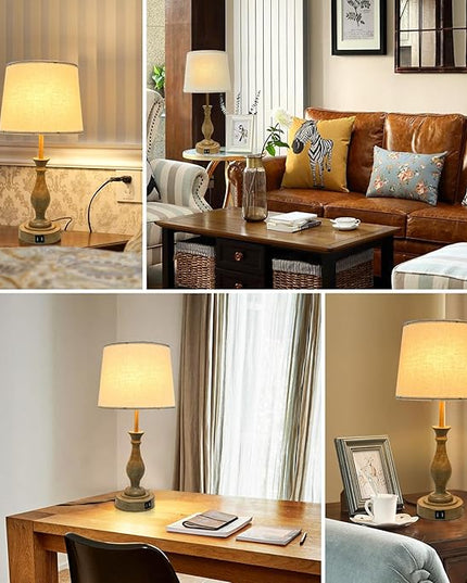 Farmhouse Table Lamp Touch Control 3-Way Dimmable Table Lamp, Modern Nightstand Lamp with 2 USB Port Bedside Desk Lamp with Fabric Shade for Living Room Bedroom Hotel (Pack-01A) - LeafyLoom