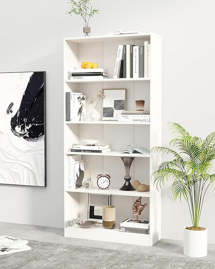 5-Tier Bookshelf, Wood Display Storage Shelves 67.3" Tall Bookcase Open Bookshelf for Home Office, Living Room and Bedroom,White - LeafyLoom