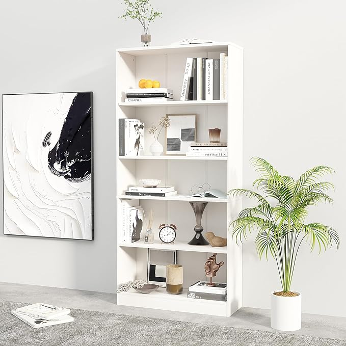 5-Tier Bookshelf, Wood Display Storage Shelves 67.3" Tall Bookcase Open Bookshelf for Home Office, Living Room and Bedroom,White - LeafyLoom